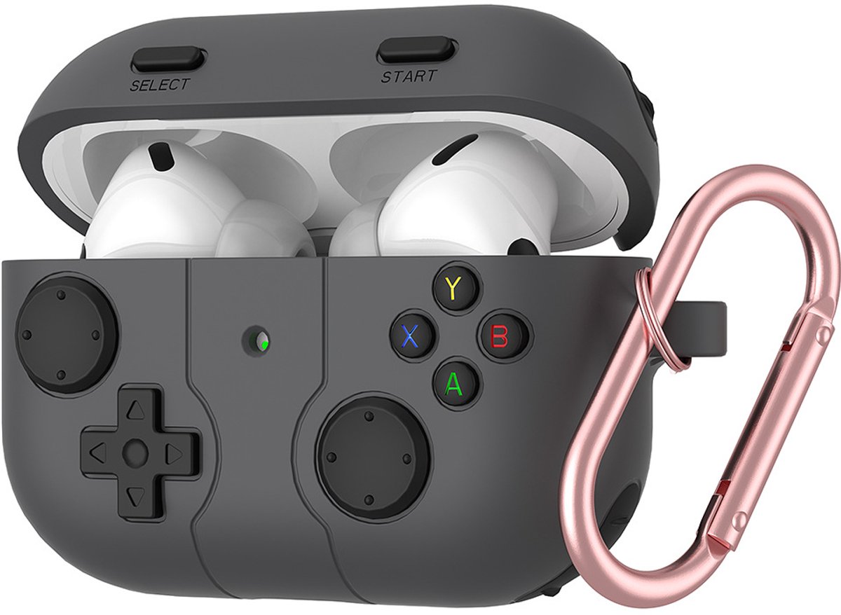 Case Geschikt voor airpods 4 Hoesje Hoes Siliconen Met Clip Cover - Retro design - Hoesje Geschikt voor airpods 4 Hoes Siliconen - grijs