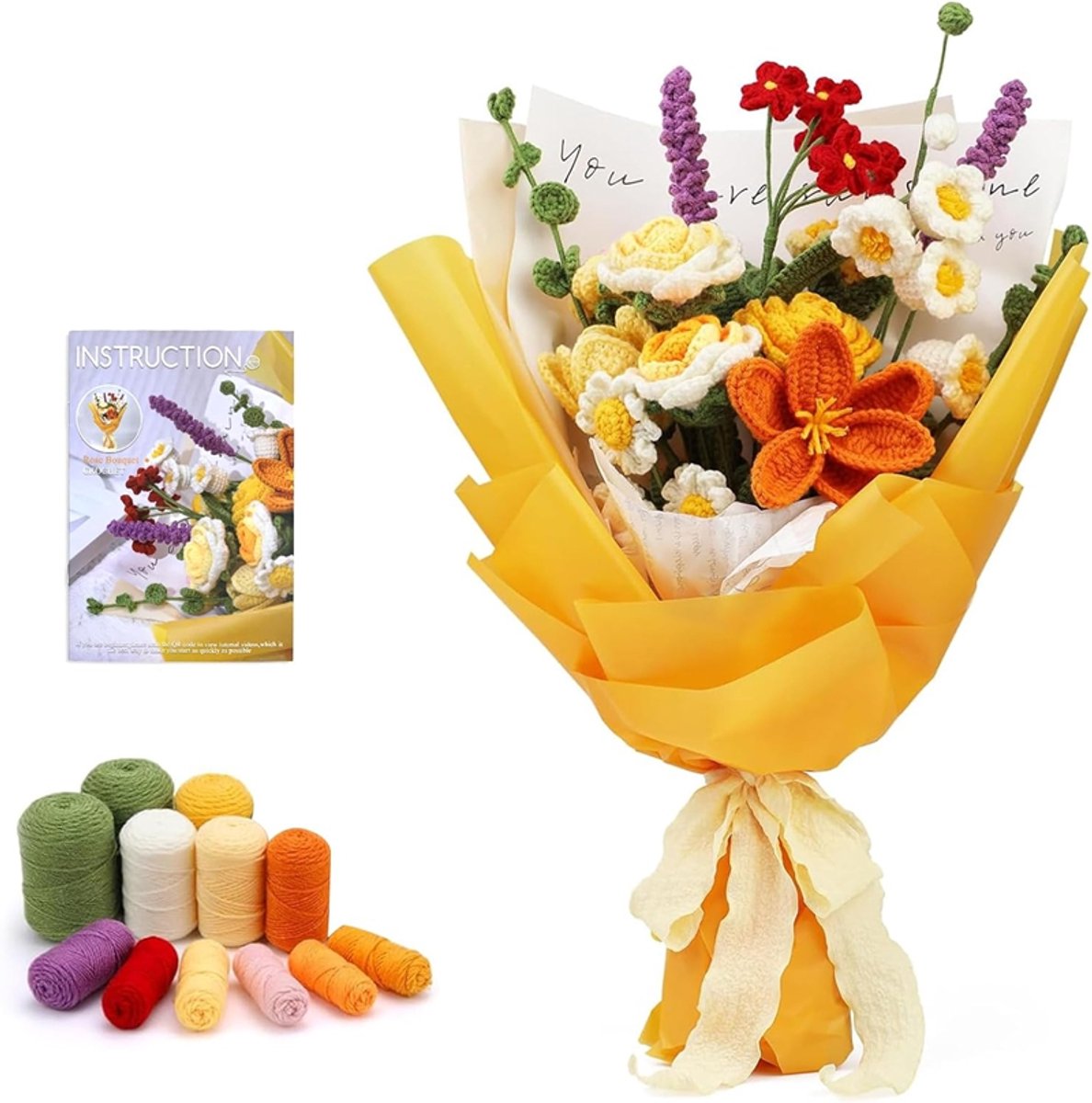 Handwerkpakket - Boeket vlechten - Haakpakket - Geel - Voor Rozen & Complete Set - Incl. Haaknaald & Video Handleiding - Voor Valentijnsdag & Handwerk - Perfecte Valentijnsdag- en jubileumcadeaus - Toon je liefde