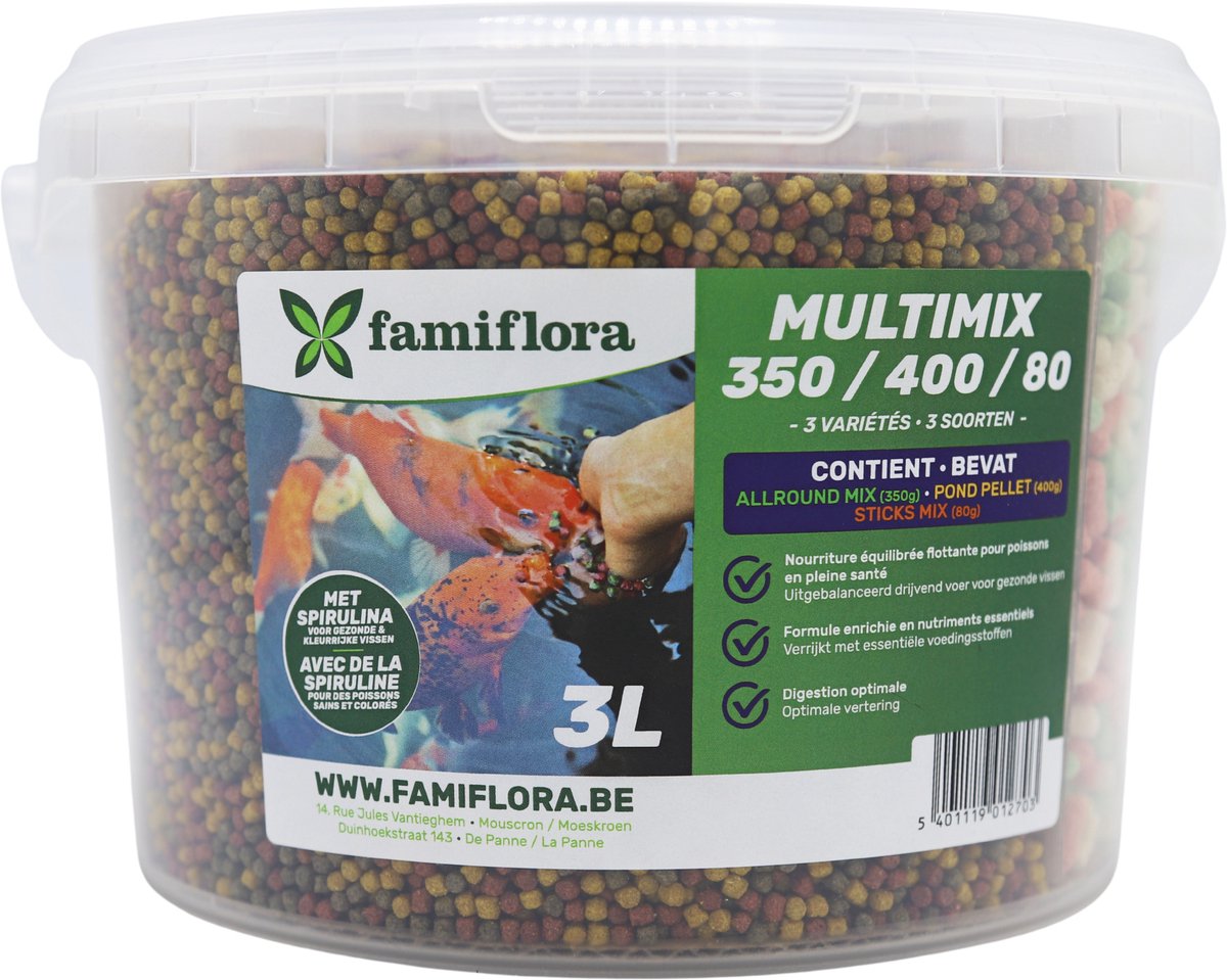 Famiflora Multimix Alpostic 3 L (ca. 830 g) - Vijvervisvoer mix - Drijvend - Spirulina - Gezond & kleurrijk - Drijvend allround visvoer - Mix van pellets & sticks