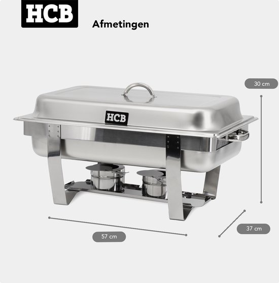 HCB® - Professionele Chafing dish - Incl. 3 x 1/3 GN - RVS / INOX Buffetwarmer - Incl. 3 Gastronormbakken - Bain marie - Horeca Warmhoudschaal - 37x57x30 cm (DxBxH) - 3 kg - 8073 — afbeelding 5