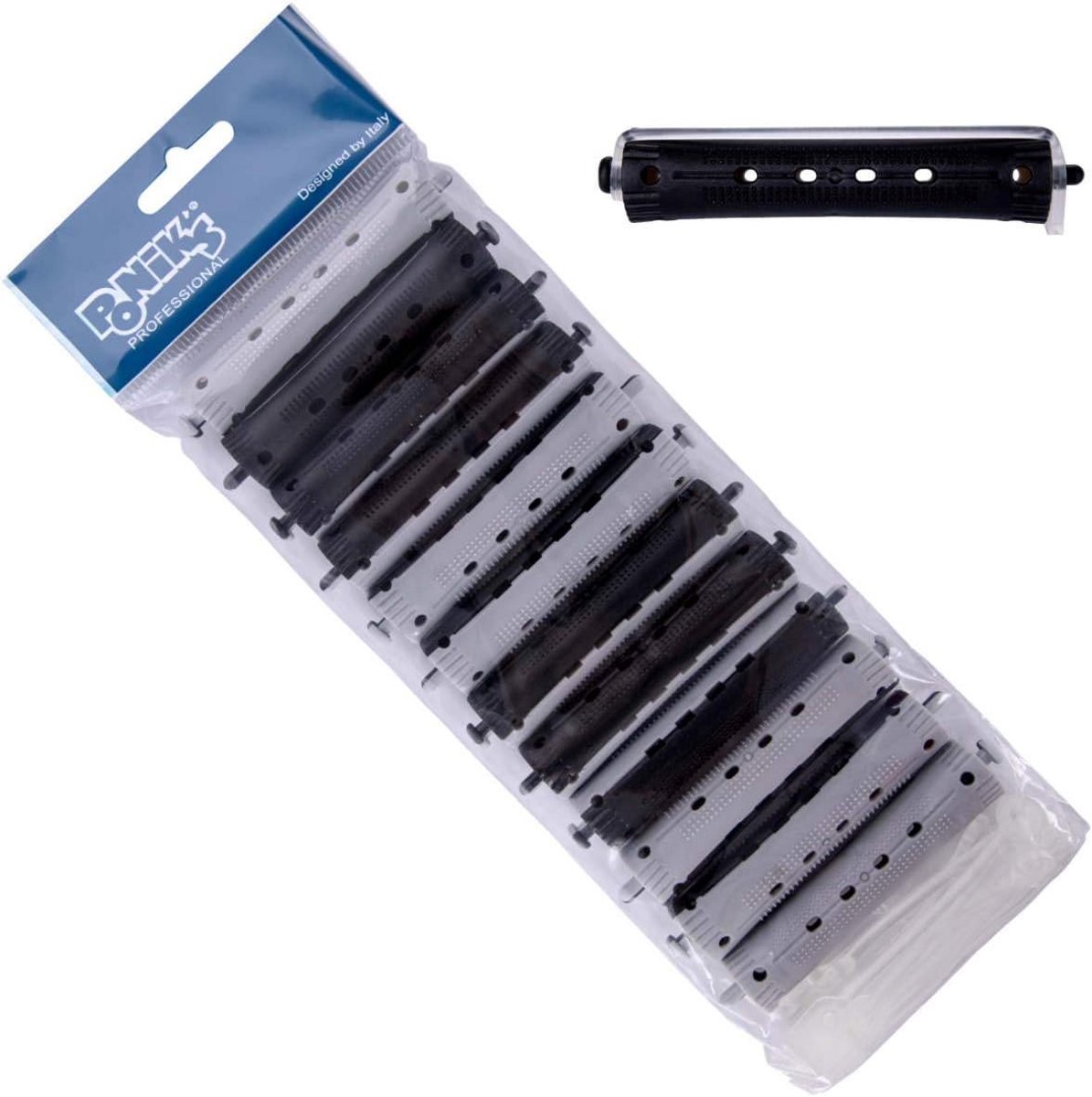 Krulspelden voor permanent en koudgolf, 16 mm, 12 stuks, met rubberen lussen, zwart/grijs
