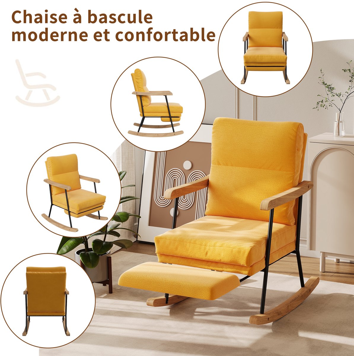 ROSAHQNDA Modern Ergonomic Rocking Chair,recliner with Retractable Footrest - Noise-Free Swivel, for Living Room,Nursery,Yellow geel
