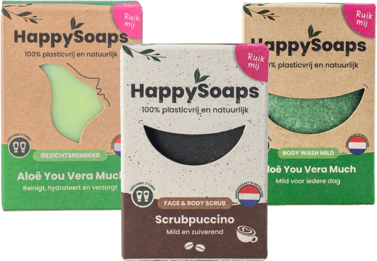 HappySoaps Daily Essentials Face & Body – Verzorgingsset – Gezichtsreiniger Bar + Scrub + Body Wash Bar – Natuurlijk & Plasticvrij