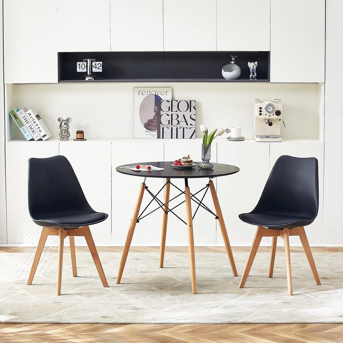 Complete Eetkamerset: Zwarte Rechthoekige Tafel met 2 Moderne Stoelen - Keuken & Eetkamer