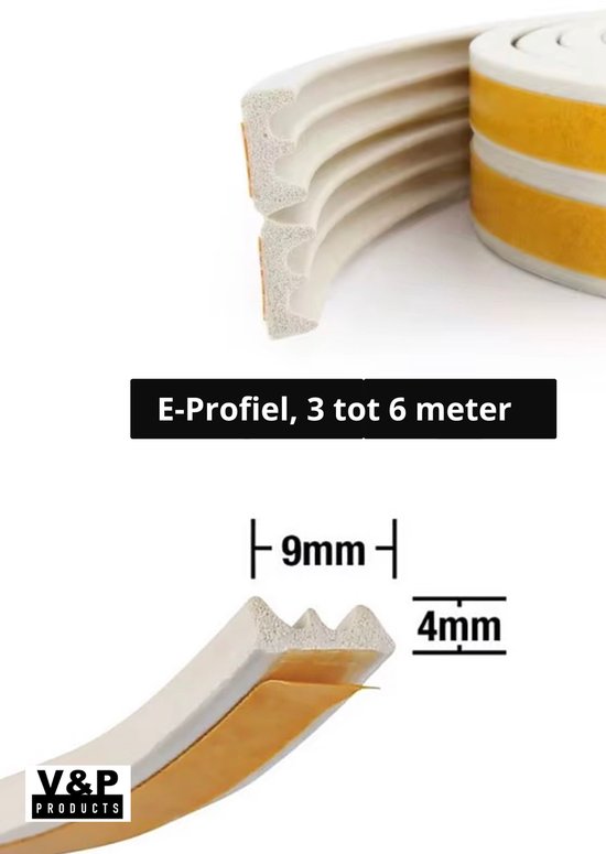 Detail van witte tochtstrip, E-profiel van 9mm breed en 4mm dik, met dubbele gele plakstrips.