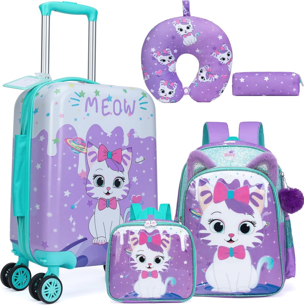 5-Delige Kinderkoffer Set - Reisbagage met Rugzak, Nekkussen, Lunchtas en Pennenetui - Perfect voor Kinderen