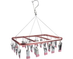 32 Pegs Sock Hanger for Clothesline Clothes Drying Rack with Windproof Hook - Pink