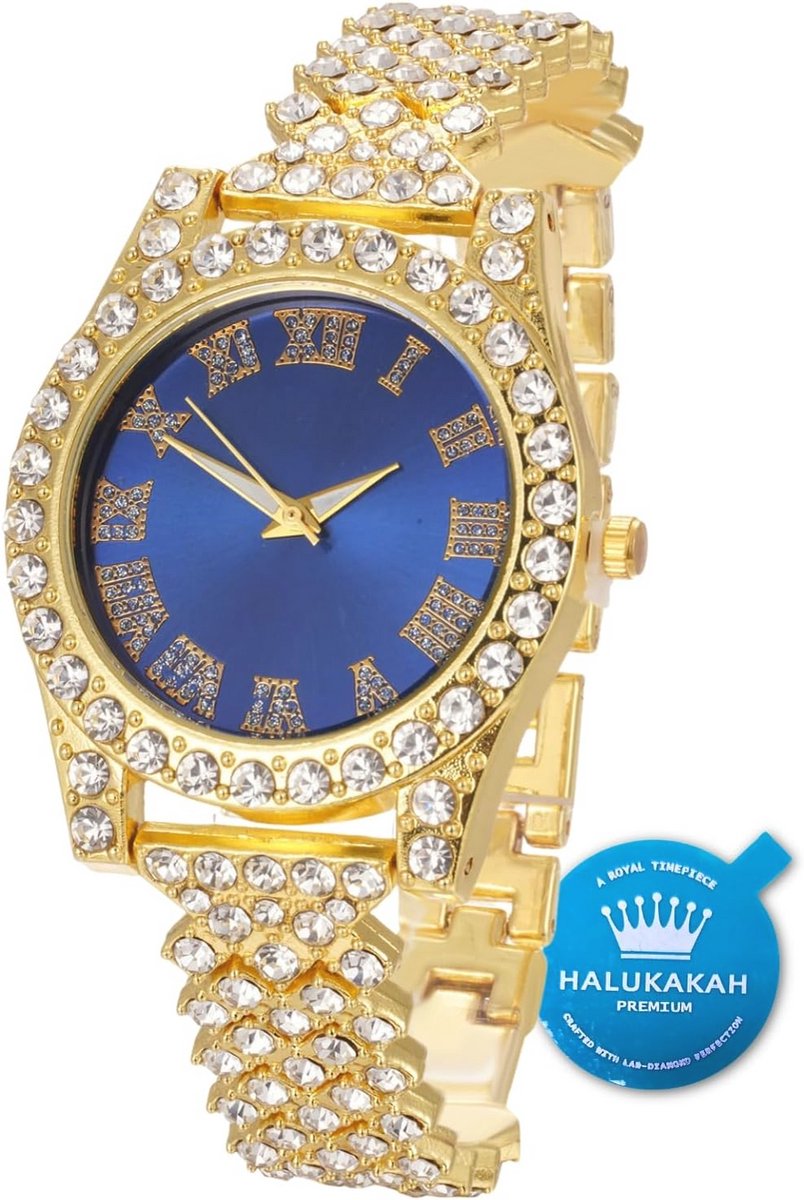 Elegant Gouden Diamanten Horloge Dames 36 mm met Groen-Blauw-Rood Wijzerplaat