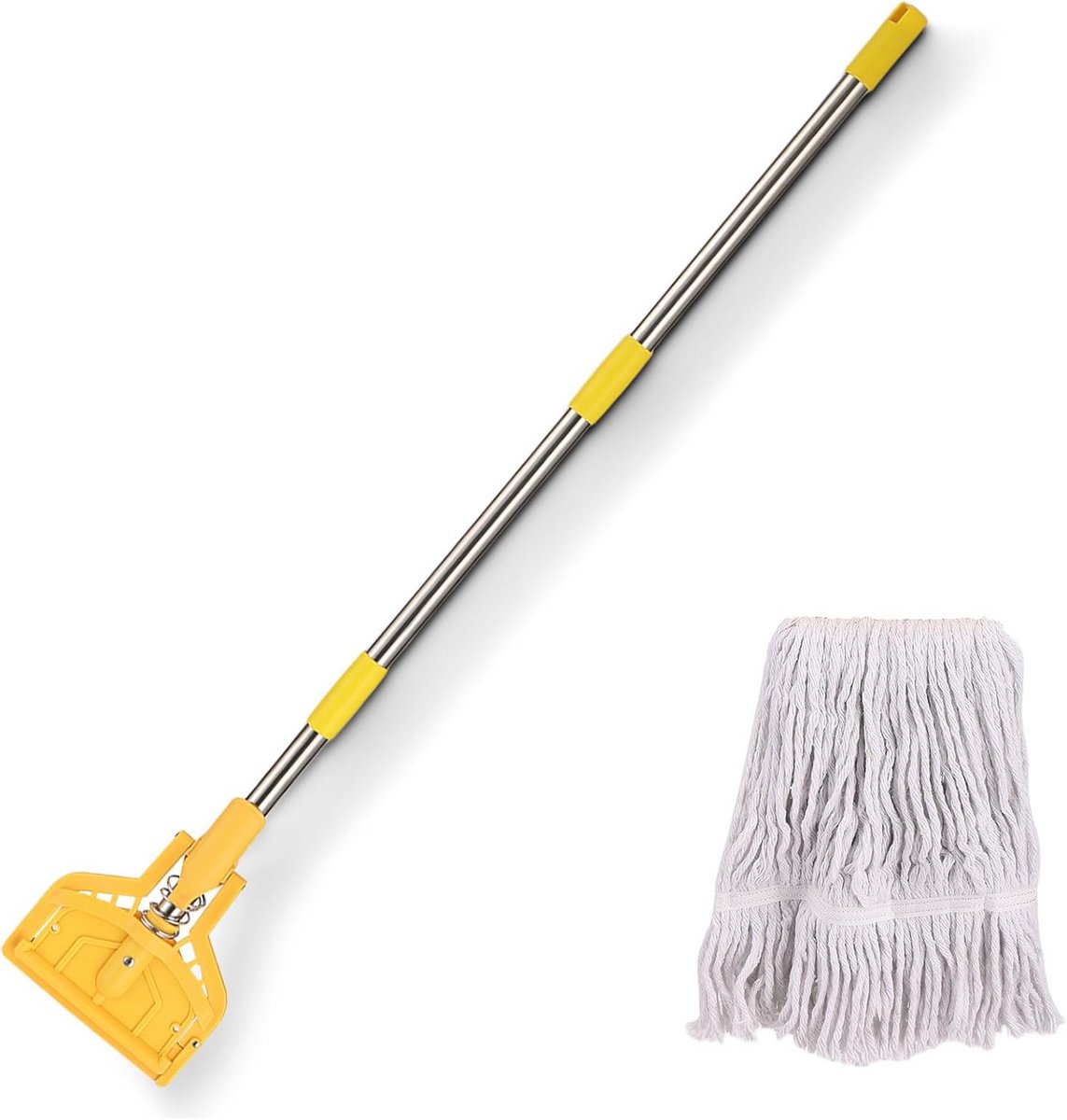 Duurzame industriële katoenen mop met metalen handgreep van 155 cm - Geel