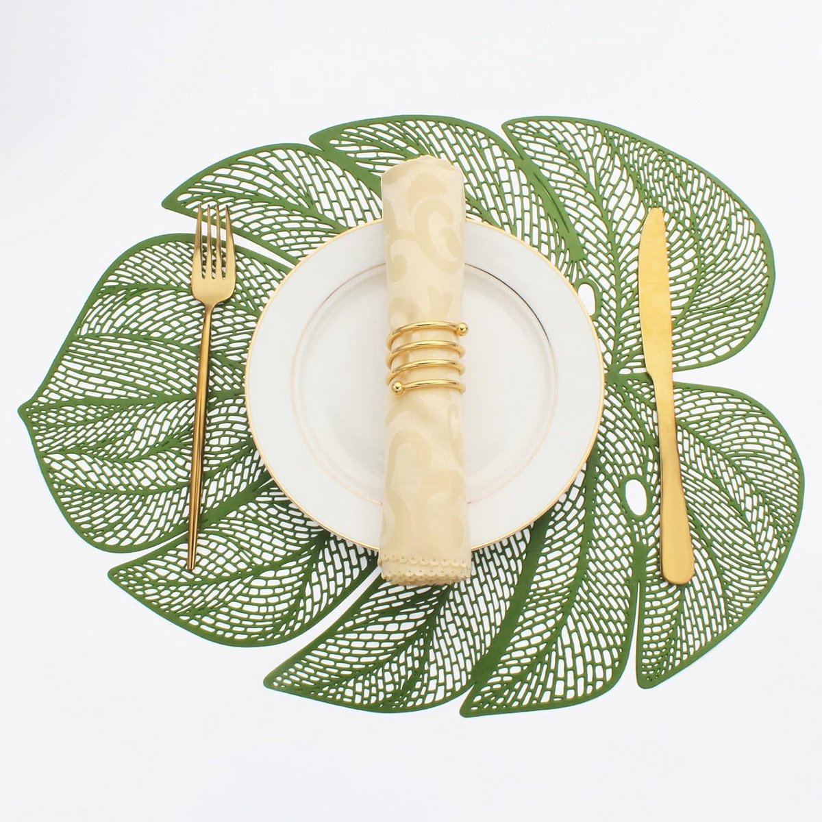 Groene bladvormige vinyl placemats voor eettafel, set van 8 afveegbare tafelmatten