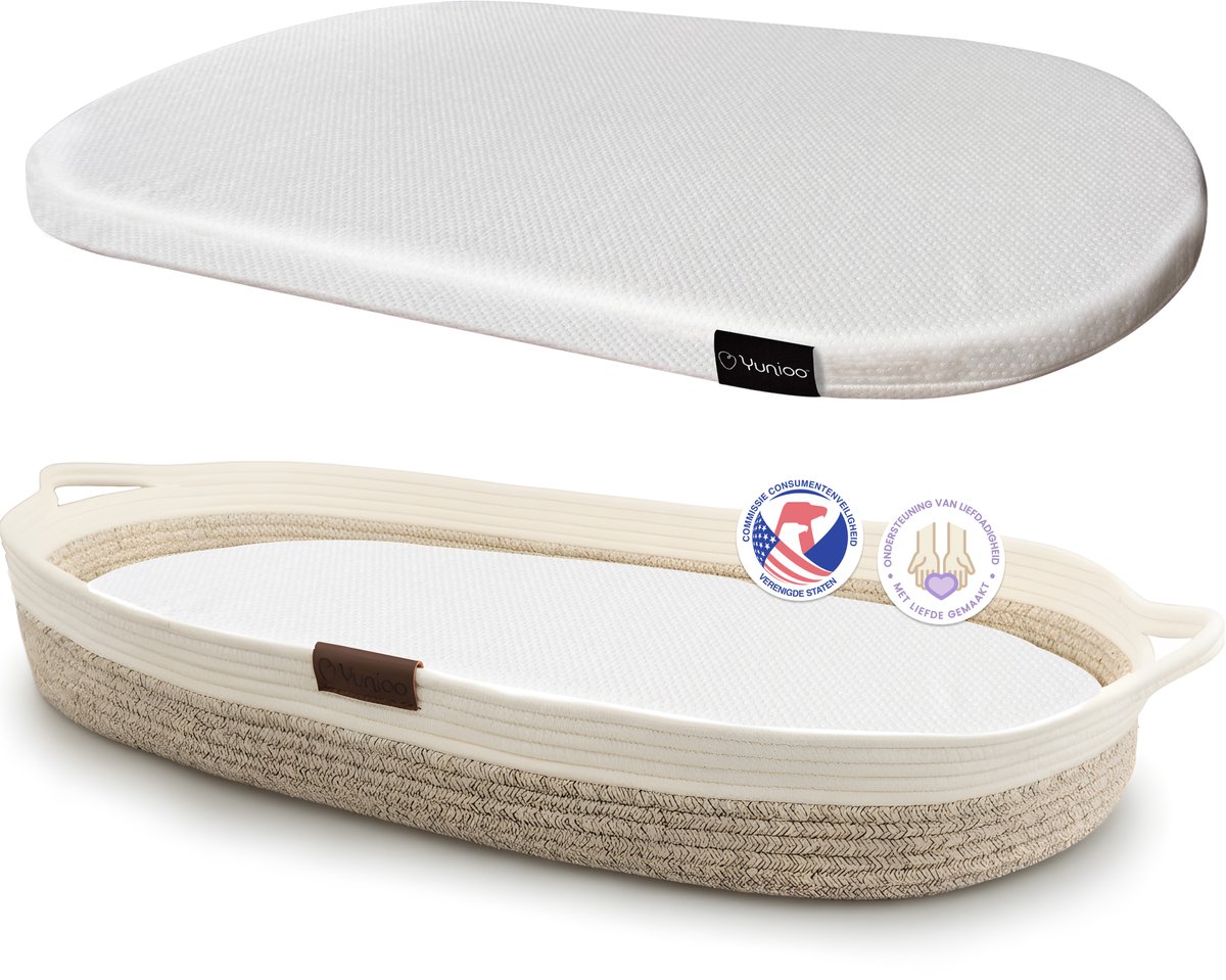 Bol.com Yunioo Aankleedkussen XL - Verschoonkussen 80cm - Baby Verschoonmand Katoen - Mozesmand incl. 3 cm Dik Matras - Wit-Beige aanbieding