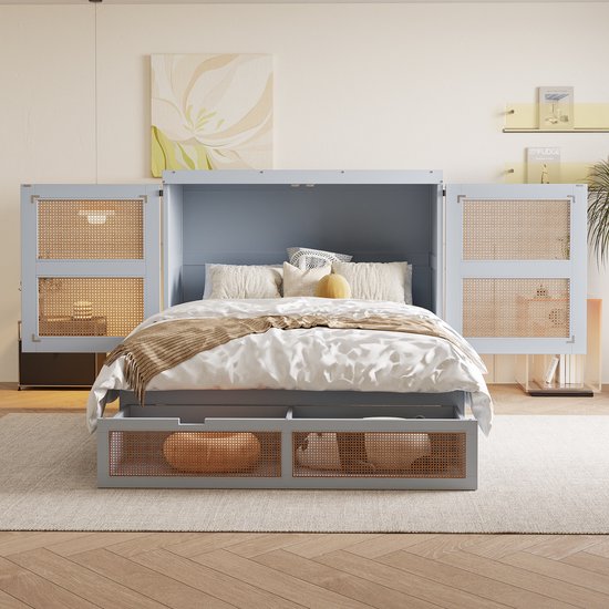 Wishdor – Wandopklapbed 140x200 cm – Met Opberglades & Rotanlook – Ruimtebesparend & Stijlvol – Hout – Grijs