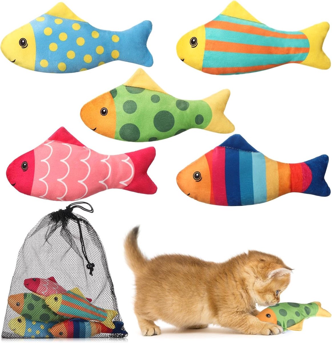 Kattenspeelgoed - Cartoon speelgoed in de vorm van een vis - Binnenkattenspeelgoed - Kat trapt tegen speeltje - Bestand tegen bijten - Kattenkruidvulling - Geschikt voor binnenactiviteiten voor kittens en buitenspelen - Veelkleurig
