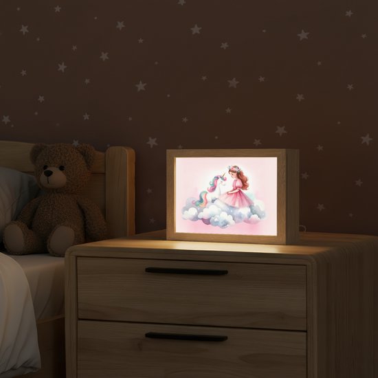 Nachtlampje 20x15 cm - Kinder lampje - Eenhoorn - Prinses - Unicorn - Roze - Wolken - Tafellamp kinderkamer - Slaapkamer lamp - Bedlamp kinderen - Kinderlampje stopcontact - Wandlamp babykamer - Nachtlampjes van Merkloos — afbeelding 2