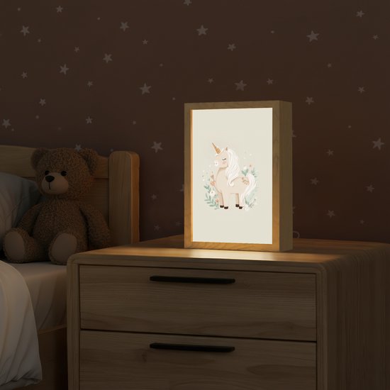 Nachtlampje 20x30 cm - Kinder lampje - Eenhoorn - Bloemen - Beige - Tafellamp kinderkamer - Slaapkamer lamp - Bedlamp kinderen - Kinderlampje stopcontact - Wandlamp babykamer - Nachtlampjes van Merkloos — afbeelding 2