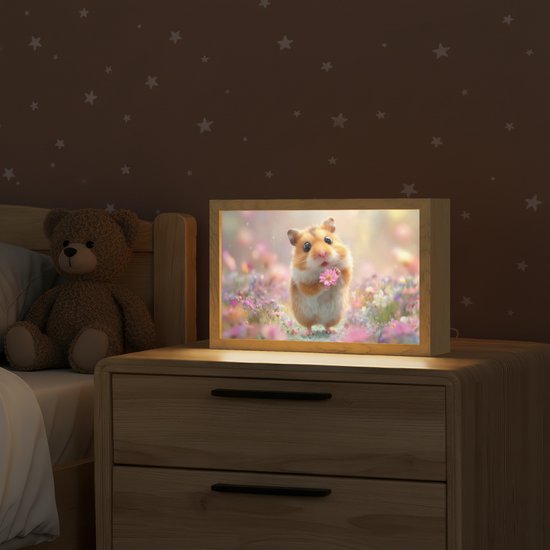 Nachtlampje 30x20 cm - Kinder lampje - Hamster - Bloemen - Roze - Oranje - Tafellamp kinderkamer - Slaapkamer lamp - Bedlamp kinderen - Kinderlampje stopcontact - Wandlamp babykamer - Nachtlampjes van OnlyWow — afbeelding 2