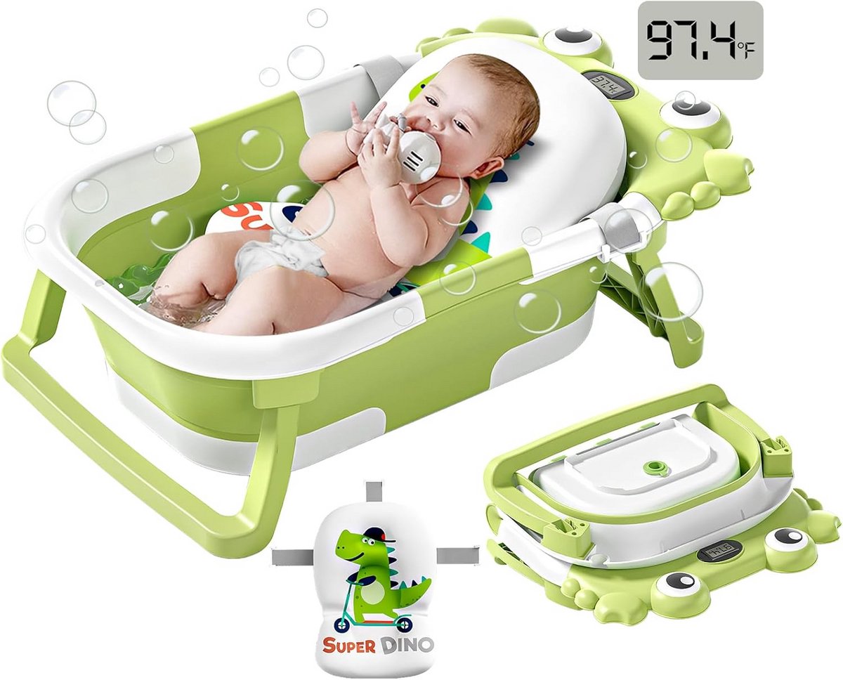 Opvouwbare babybadkuip met temperatuurmonitor en drijvend kussen - Draagbaar reisbad voor baby's en peuters