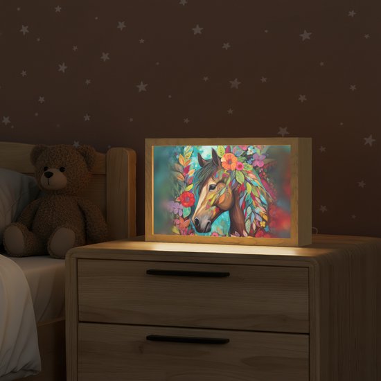 Nachtlampje 30x20 cm - Kinder lampje - Paard - Bloemen - Schilderij - Natuur - Verf - Tafellamp kinderkamer - Slaapkamer lamp - Bedlamp kinderen - Kinderlampje stopcontact - Wandlamp babykamer - Nachtlampjes van OnlyWow — afbeelding 2