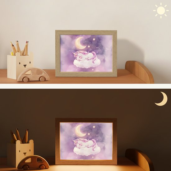 Nachtlampje 20x15 cm - Kinder lampje - Eenhoorn - Paars - Sterrenhemel - Maan - Tafellamp kinderkamer - Slaapkamer lamp - Bedlamp kinderen - Kinderlampje stopcontact - Wandlamp babykamer - Nachtlampjes van Merkloos — afbeelding 4