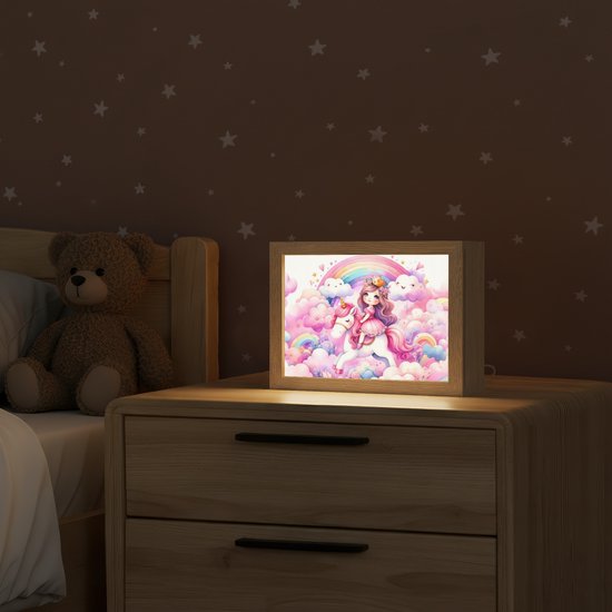 Nachtlampje 20x15 cm - Kinder lampje - Eenhoorn - Prinses - Unicorn - Roze - Regenboog - Tafellamp kinderkamer - Slaapkamer lamp - Bedlamp kinderen - Kinderlampje stopcontact - Wandlamp babykamer - Nachtlampjes van Merkloos — afbeelding 2