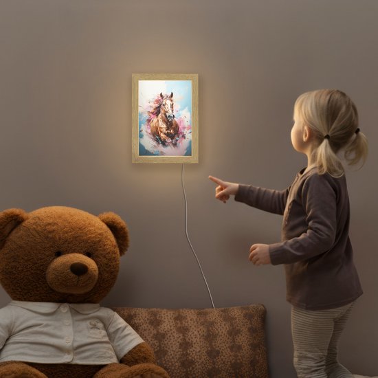 Nachtlampje 15x20 cm - Kinder lampje - Paard - Meisjes - Blauw - Roze - Tafellamp kinderkamer - Slaapkamer lamp - Bedlamp kinderen - Kinderlampje stopcontact - Wandlamp babykamer - Nachtlampjes van Merkloos — afbeelding 5