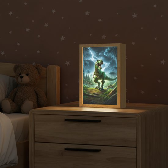 Nachtlampje 20x30 cm - Kinder lampje - Dino - Jongens - Groen - Blauw - T-Rex - Tafellamp kinderkamer - Slaapkamer lamp - Bedlamp kinderen - Kinderlampje stopcontact - Wandlamp babykamer - Nachtlampjes van OnlyWow — afbeelding 3