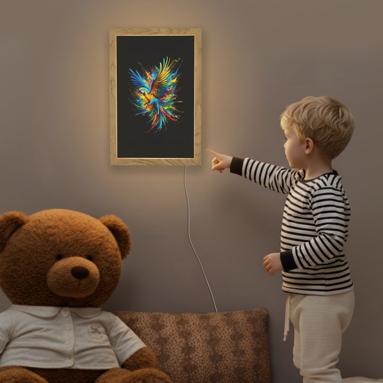 Nachtlampje 20x30 cm - Kinder lampje - Papegaai - Vogel - Dier - Kleurrijk - Verf - Tafellamp kinderkamer - Slaapkamer lamp - Bedlamp kinderen - Kinderlampje stopcontact - Wandlamp babykamer - Nachtlampjes van Decofun — afbeelding 5