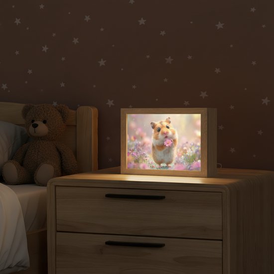 Nachtlampje 20x15 cm - Kinder lampje - Hamster - Bloemen - Roze - Oranje - Tafellamp kinderkamer - Slaapkamer lamp - Bedlamp kinderen - Kinderlampje stopcontact - Wandlamp babykamer - Nachtlampjes van Merkloos — afbeelding 2