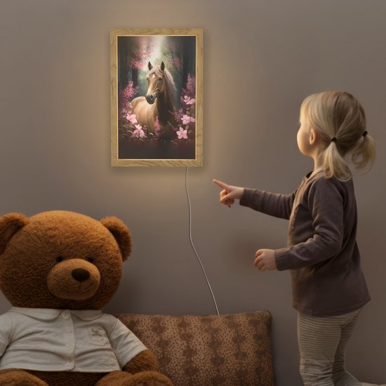 Nachtlampje 20x30 cm - Kinder lampje - Paard - Bloemen - Roze - Natuur - Bos - Tafellamp kinderkamer - Slaapkamer lamp - Bedlamp kinderen - Kinderlampje stopcontact - Wandlamp babykamer - Nachtlampjes van OnlyWow — afbeelding 5