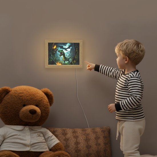 Nachtlampje 20x15 cm - Kinder lampje - Dinosaurus - Draak - Jungle - Groen - Tafellamp kinderkamer - Slaapkamer lamp - Bedlamp kinderen - Kinderlampje stopcontact - Wandlamp babykamer - Nachtlampjes van OnlyWow — afbeelding 5