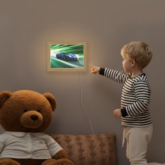 Nachtlampje 20x15 cm - Kinder lamp - Race auto - Blauw - Groen - Tafellamp kinderkamer - Slaapkamer lamp - Bedlamp kinderen - Kinderlampje stopcontact - Wandlamp babykamer - Nachtlampjes van Merkloos — afbeelding 5
