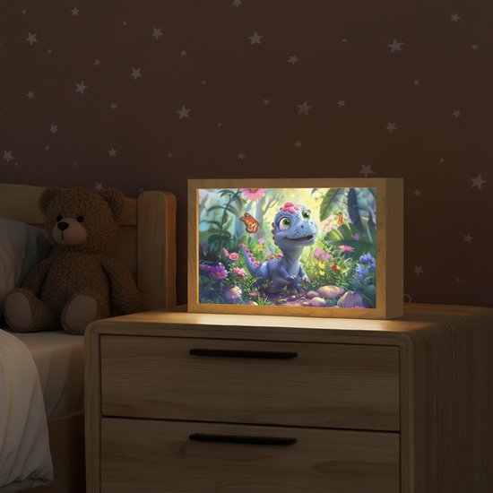 Nachtlampje 30x20 cm - Kinder lampje - Dino - Paars - Baby - Dinosaurus - Tafellamp kinderkamer - Slaapkamer lamp - Bedlamp kinderen - Kinderlampje stopcontact - Wandlamp babykamer - Nachtlampjes van Decoways — afbeelding 2