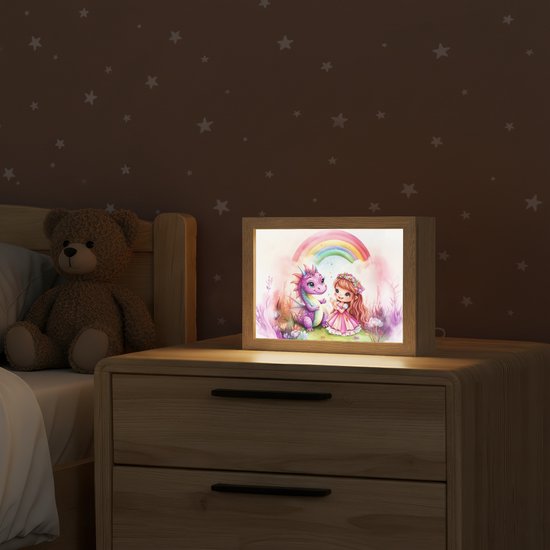 Nachtlampje 20x15 cm - Kinder lamp - Meisje - Draak - Regenboog - Tafellamp kinderkamer - Slaapkamer lamp - Bedlamp kinderen - Kinderlampje stopcontact - Wandlamp babykamer - Nachtlampjes van Digioi — afbeelding 2