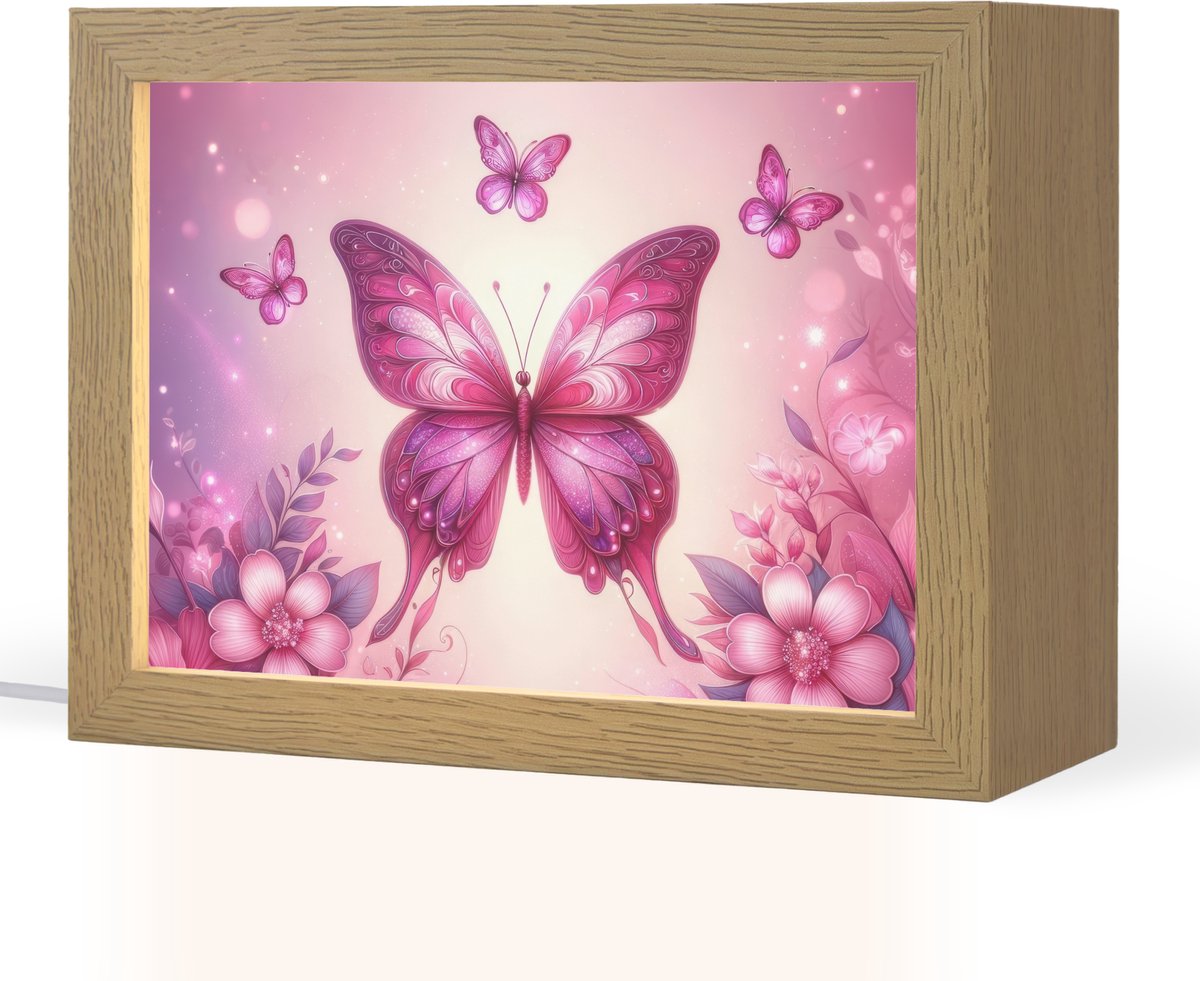 Nachtlampje 20x15 cm - Kinder lampje - Vlinder - Roze - Bloemen - Tafellamp kinderkamer - Slaapkamer lamp - Bedlamp kinderen - Kinderlampje stopcontact - Wandlamp babykamer - Nachtlampjes