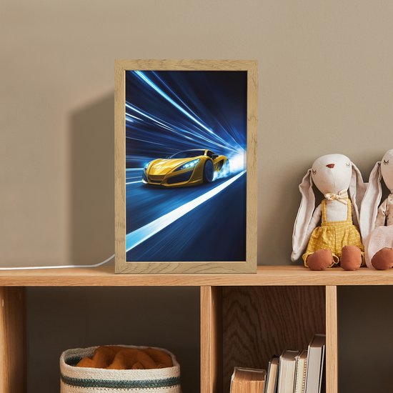 Nachtlampje 20x30 cm - Kinder lamp - Auto - Geel - Race - Blauw - Tafellamp kinderkamer - Slaapkamer lamp - Bedlamp kinderen - Kinderlampje stopcontact - Wandlamp babykamer - Nachtlampjes van Merkloos — afbeelding 3