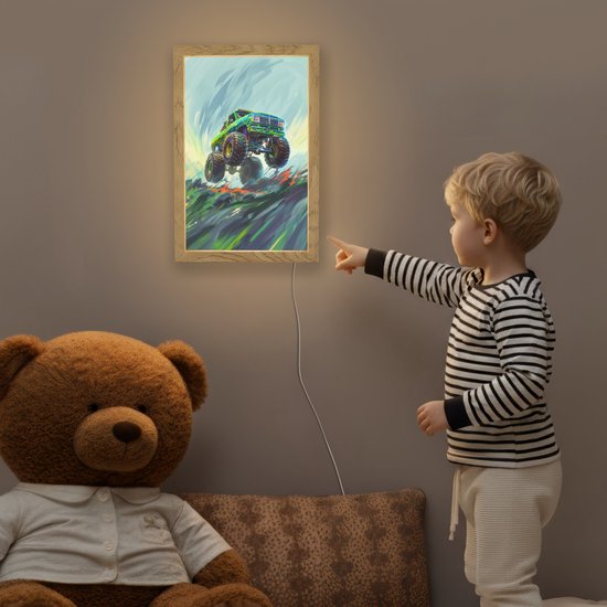 Nachtlampje 20x30 cm - Kinder lampje - Monstertruck - Auto - Jongens - Groen - Tafellamp kinderkamer - Slaapkamer lamp - Bedlamp kinderen - Kinderlampje stopcontact - Wandlamp babykamer - Nachtlampjes van Merkloos — afbeelding 5