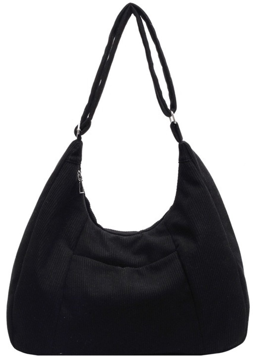 XL Dames Corduroy Schoudertas - Multifunctionele Halve Maan Tote Bag - Grote Capaciteit Reistas - Zwart (39x44x15cm)