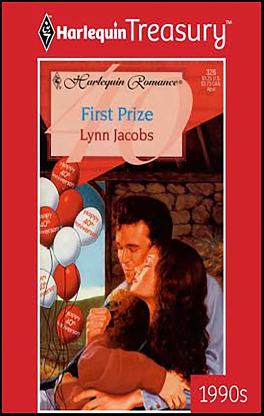 Een stel omhelst elkaar, omringd door ballonnen met 'Happy 40th Anniversary'. Boek 'First Prize' van Lynn Jacobs.