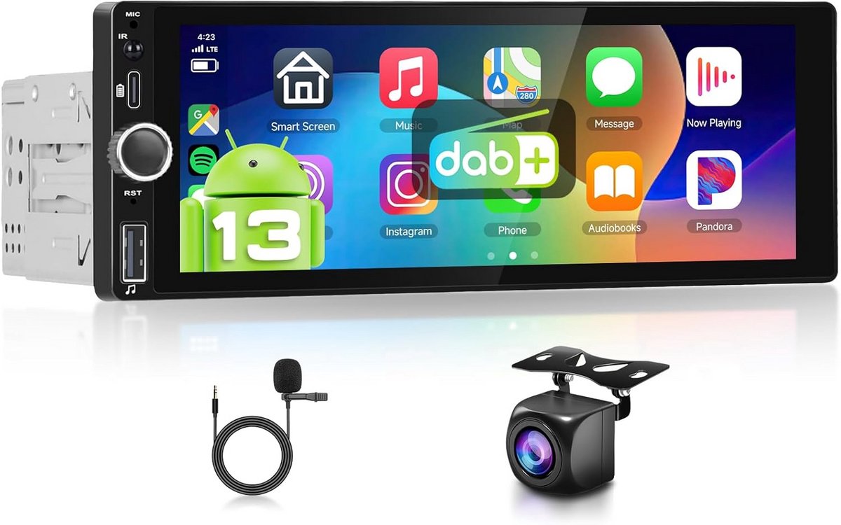 1 Din Autoradio met 6.86 Inch Touchscreen, Android 13, Carplay, DAB+, GPS Navigatie en WiFi