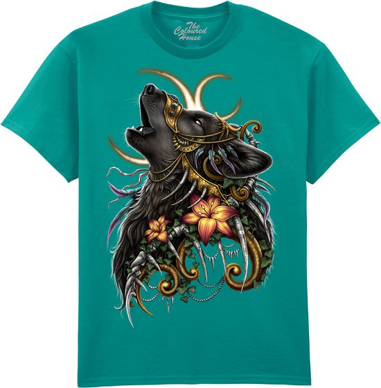 Turkooizen t-shirt met een grafische print van een huilende wolf met gouden ornamenten, bloemen en veren.