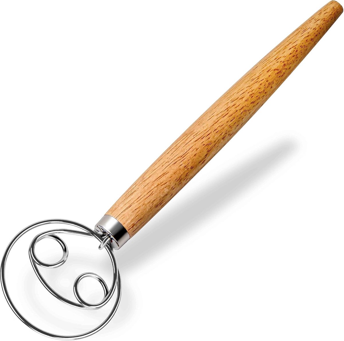Deense deegmixer - roestvrij staal - handmixer geschikt voor brooddeeg - houten handvat - keukenbakgereedschap - broodbakgereedschap en accessoires -hout -34cm -Dubbele ring