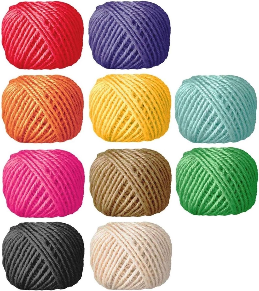 Allecta - 10 rol natuurlijk koord 2 mm voor kunstwerken, DIY en handwerk, cadeauverpakking, flessen decoreren, foto displays en versieringen - 10 kleuren