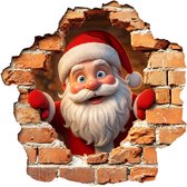 Kerstman kijkt lachend door een gebroken bakstenen muur.