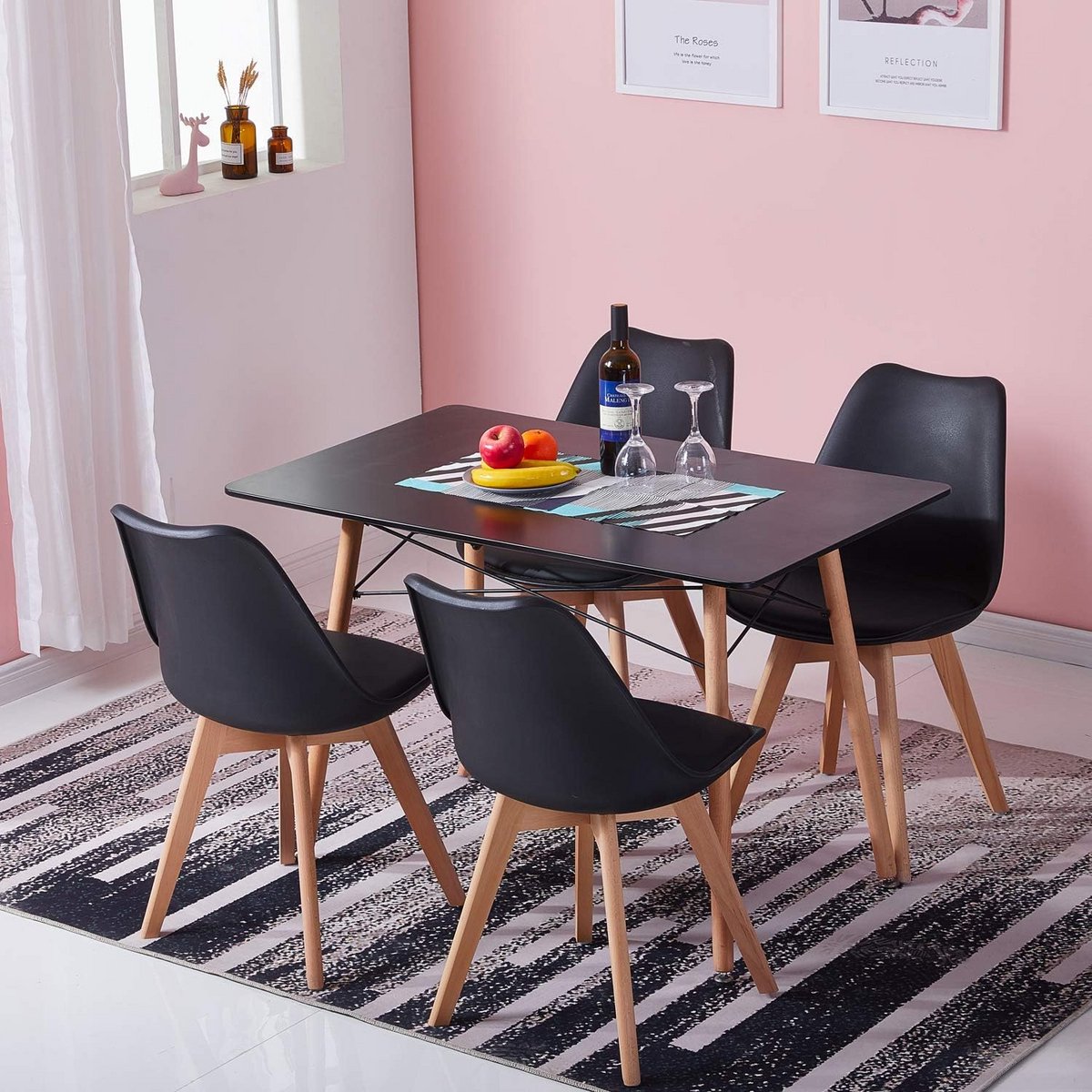 Moderne Eetkamerset Tafel met 4 Stoelen - Rechthoekige Eetkamertafel Zwart/Wit
