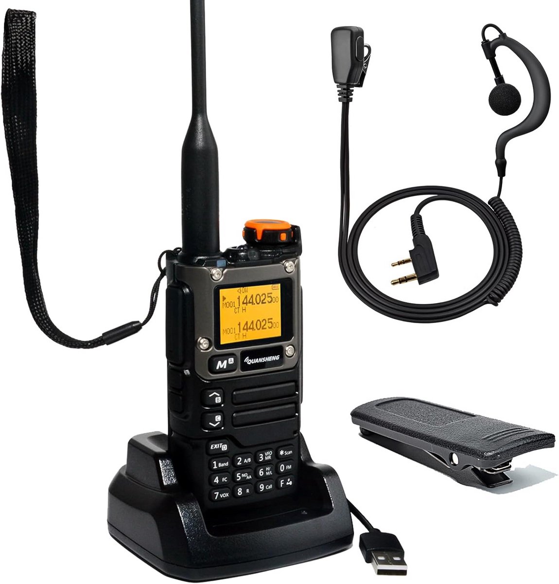 Draagbare Portofoon VHF UHF Dual Band met NOAA Weeralarm en G-vorm Oortje - Zwart
