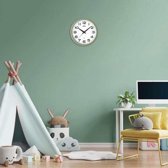PRIM Insight Wall Clock, Luminous Design, White/Green, Light and Sound Sensor, Quartz Movement, Whip, Modern, Light Clock, Wall Decoration for Any Room, Living Room, Kitchen, Office, Bedroom