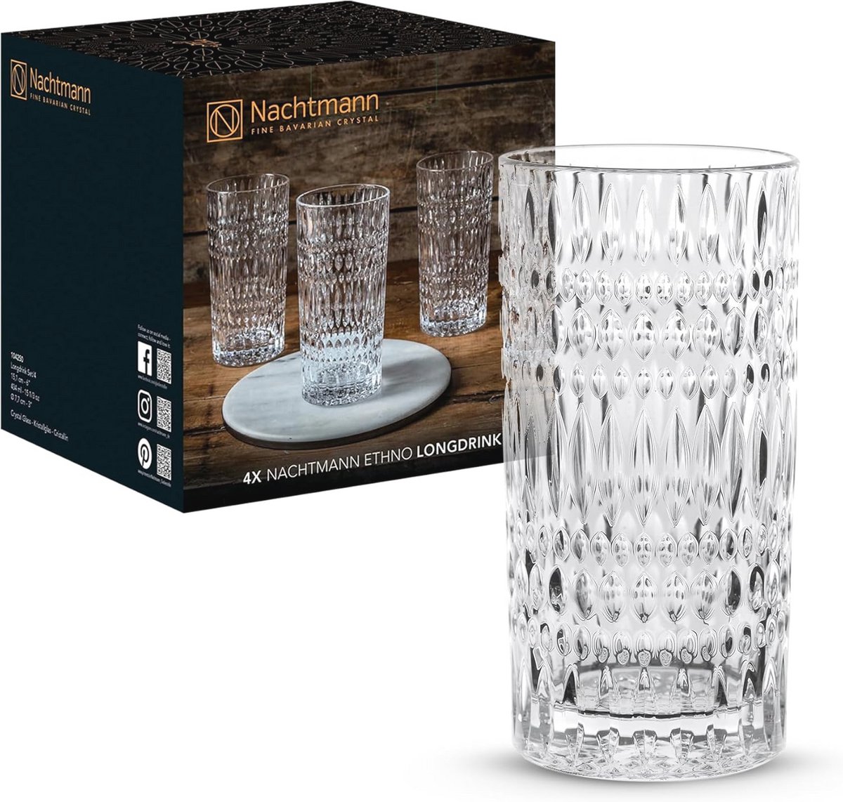 4-delige longdrinkglazenset met kristalglas, 434 ml - Ethno stijl