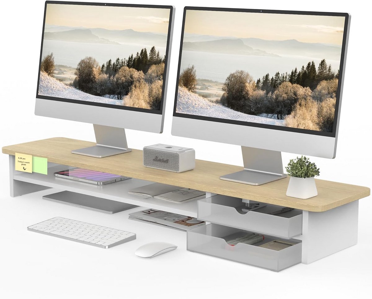 Dubbele Monitorstandaard met Lades voor PC/Laptop – 108cm Bureau Stand