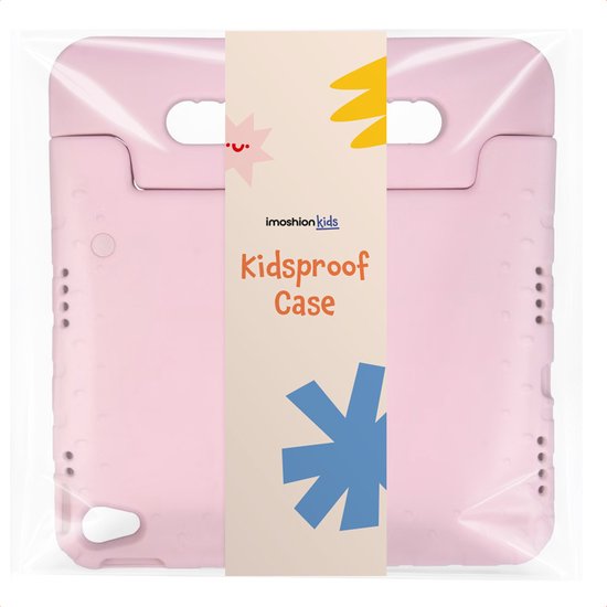 Roze kidsproof tablethoes in verpakking met 'imoshion kids Kidsproof Case' logo.