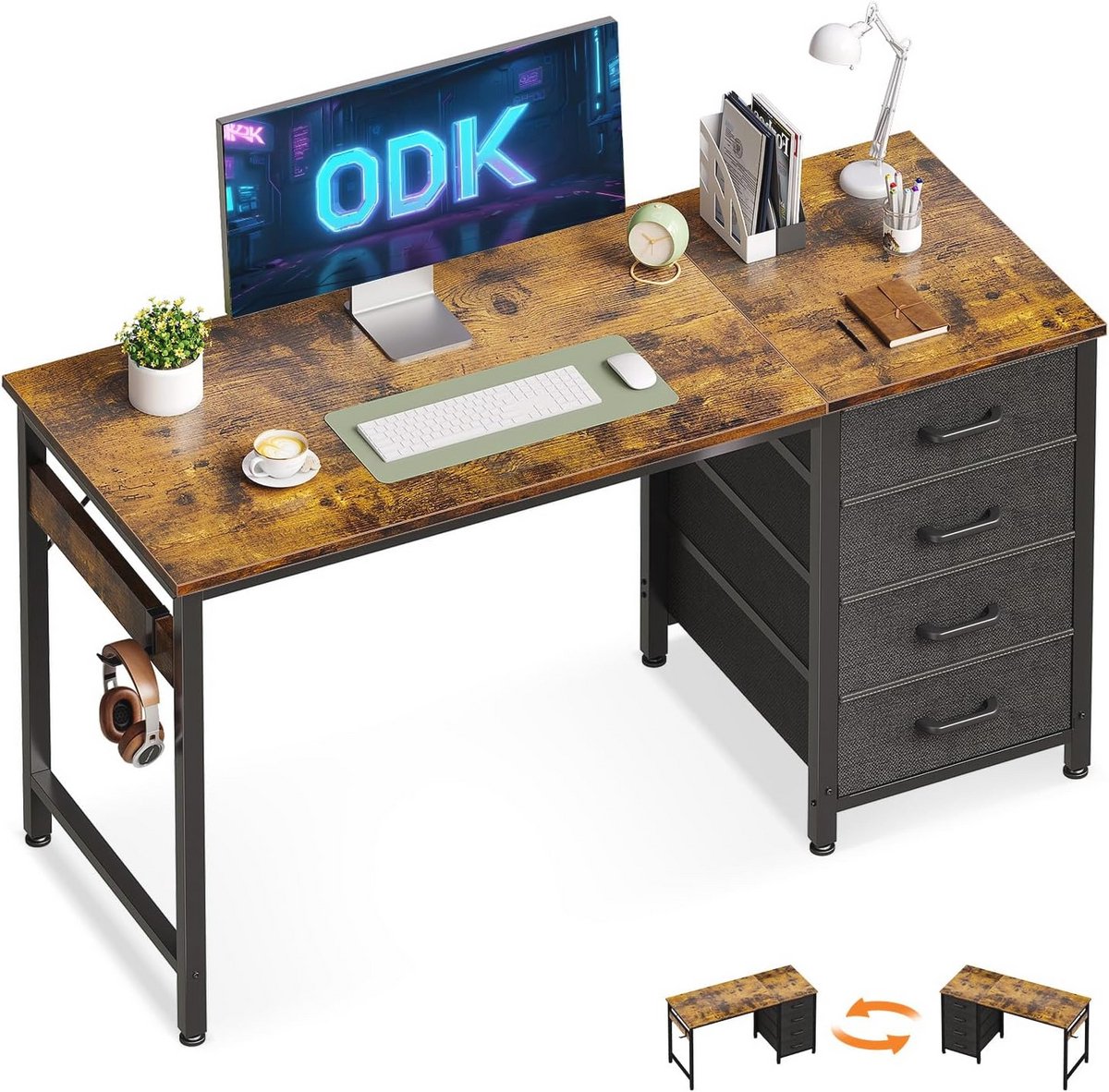 Bureau met 4 Laden en Koptelefoonhouder - Houten Computertafel voor Thuiskantoor